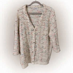 FAVLUX Women’s XL White Distressed Woven Pink Blue Silver Metallic Cardigan